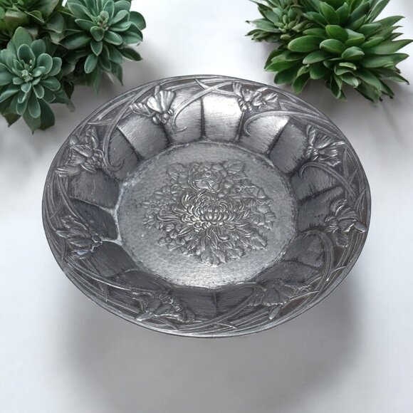 Vintage Japanese Embossed Metal Dish – 7” Floral Relief Plate – “Made in Japan” - Picture 1 of 9
